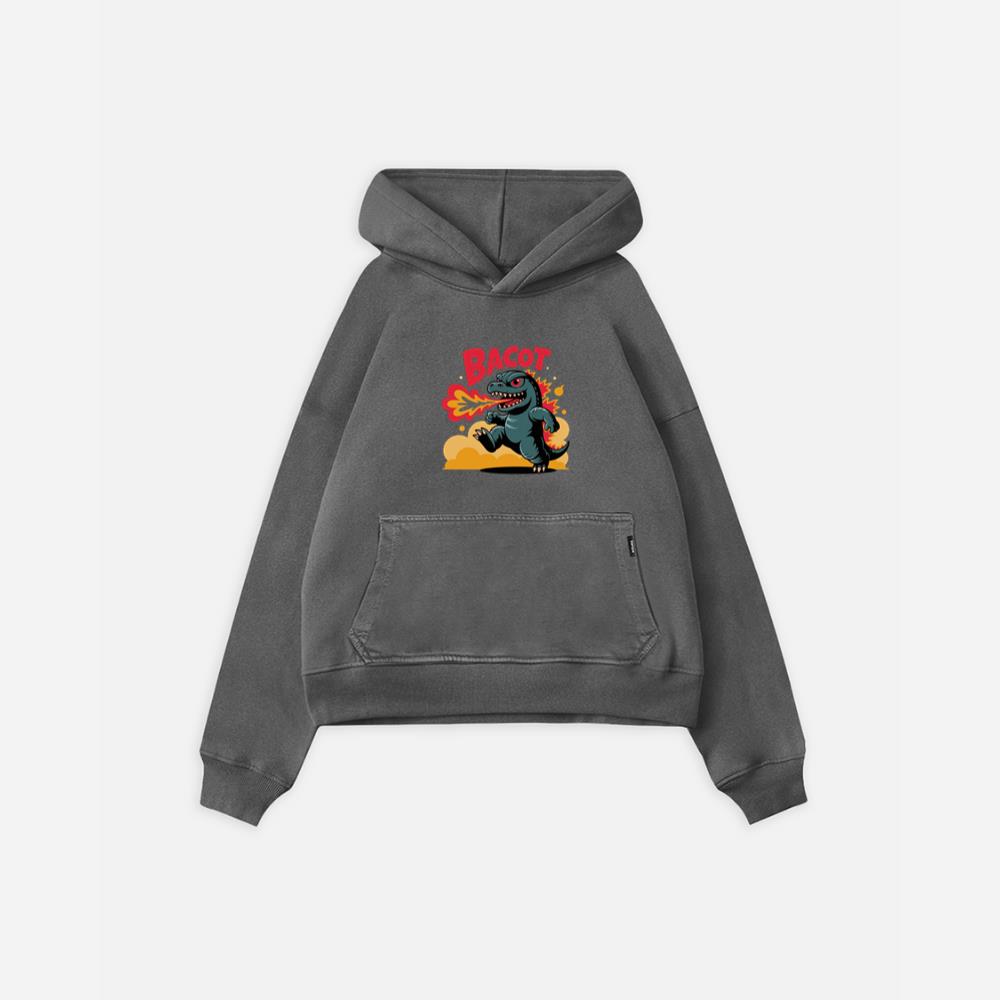 Bacot Fire Dinosaur Cartoon Illustration for Vintage Fun Vibes Hoodie